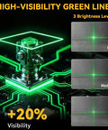 Green Cross Line Laser Level With Tripod Self Leveling Tool For Picture Hanging And Tile, Floor, Wall Alignment, DIY Friendly Home Renovation, Indoor Outdoor Use, 82 Ft Range, Easy Setup, Bright Green Beam showing high visibility green lines and 3 brightness levels