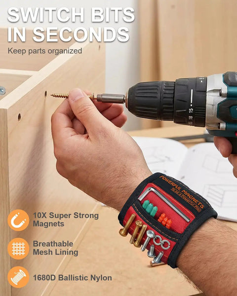 Magnetic Wristband For Men Tools Holder Hands Free Belt Magnet Wrist Band Keeps Screws Nails Small Parts In Reach Perfect Fathers Day Gift For Dad Husband Grandpa Brother DIY Enthusiasts shown in use with drill.