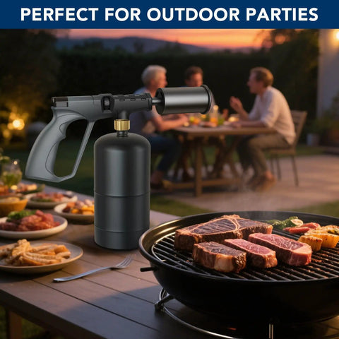 Powerful Propane Cooking Torch Gun For Sous Vide, Charcoal Starter And Steak Searing, Ideal For Outdoor BBQ, Camping, Grilling, And Charcoal Prep With Adjustable Flame, Gray And Black Culinary Torch on picnic table