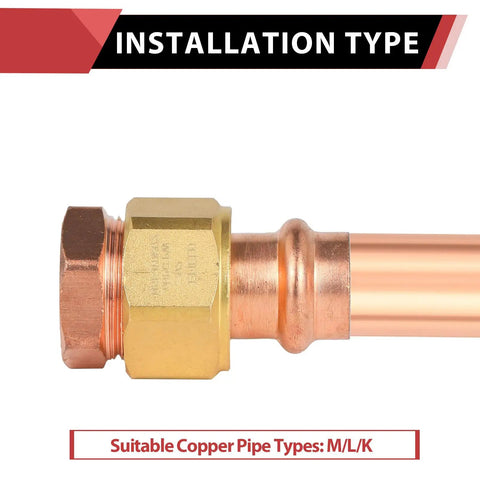 Installation view of 100 Pack 1 Inch Copper Press Fitting Union Female FPT for Pipe Connection showing compatibility with M/L/K.
