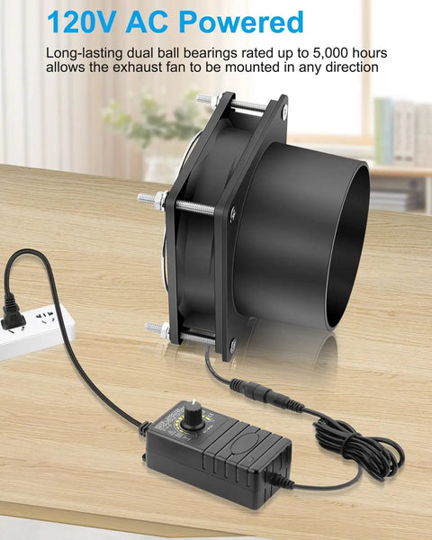 80mm 12V DC Axial Exhaust Fan with Adjustable Speed Controller on a wooden table, 3-inch flange visible