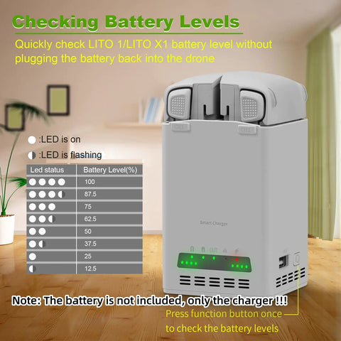 Dual Bay Drone Battery Charger Dock For Lito 1 And Lito X1 with LED indicators showing battery levels, placed on wooden table.