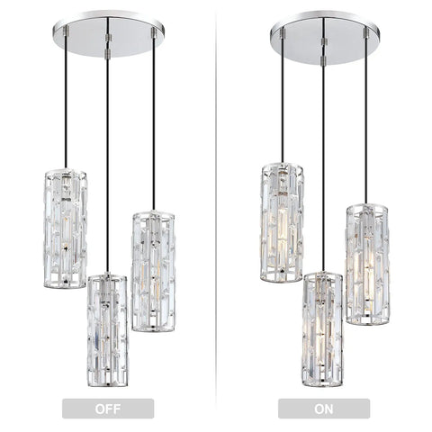 Three Light Crystal Kitchen Island Pendant with Nickel Finish, Dope Modern Crystal Plate Metal Shade Fixture On and Off view