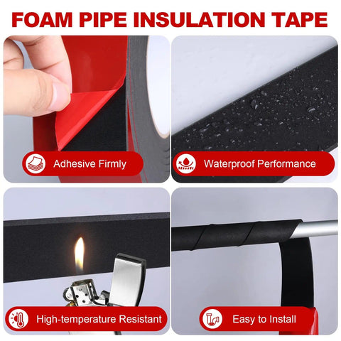 Collage showing 2 Inch By 20 Foot Foam Pipe Insulation Tape Self Adhesive For Winter Freeze Protection on various surfaces
