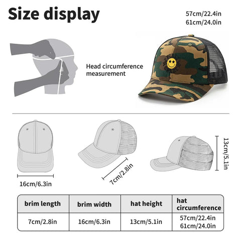 Vintage Camouflage Trucker Cap For Men And Women With A Soft Feel And Everyday Comfort, size display chart
