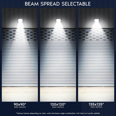 Heavy Duty LED Flood Lights Outdoor Four Pack No Fuss 3CCT Dimmable Security Lighting showing beam spread options for 90x90, 120x120, and 135x125 degrees.