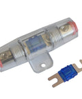 Dope Inline Mini ANL Fuse Holder With Two 60A AFS Chips, Weatherproof In Line Car Audio Wiring Kit Fuse For 4 To 8 Gauge Wire, Heavy Duty Waterproof Fuse Holder For Amplifier Power, clear inline holder with blue fuse