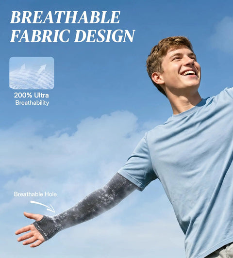 Keep Your Arms Shaded And Locked In With These Adjustable UV Sun Sleeves Featuring A Handy Watch Cutout Thumb Loop And Anti Roll Closure For Effortless Cooling On Every Road Journey. Model showcasing breathable fabric and thumb loop.