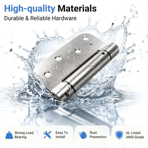Heavy Duty 4 Inch Satin Nickel Self Closing Door Hinges Featuring Tough As Nails Adjustable Tension and Knockout Auto Close Action in water splash