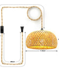 Rattan Hanging Pendant Light With Hemp Rope Cord And Bamboo Shade Wicker Weave Fixture 15 Foot Cord With On Off Switch Three Color Temperature Changing Light For A Cozy Bedroom Vibe Or Kitchen Island, dimensions shown.