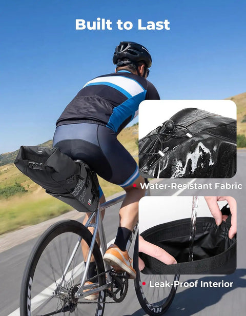 Cyclist using Detachable Bike Seat Bag With Removable Inner Pouch 11 To 13 Liter Waterproof Saddle Pack on road bike