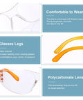 Close-up of Bulk 48 Pairs Clear Safety Glasses Anti Fog Eyewear For Men And Women showing orange leg and polycarbonate lens