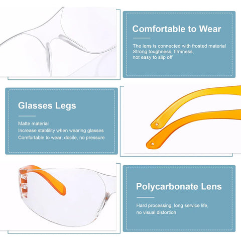 Close-up of Bulk 48 Pairs Clear Safety Glasses Anti Fog Eyewear For Men And Women showing orange leg and polycarbonate lens