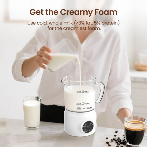 Person using 4 In 1 Milk Frother With Led Touch Screen And Ceramic Lined Bottom, 13.5 Oz Capacity with transparent glass, white