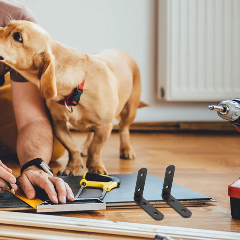 Person using tools with Stainless Steel Corner Brackets 12 Pack L Shaped Right Angle Shelf Braces for wood cabinets and furniture