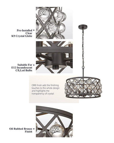 4 Light Crystal Chandelier With Oil Rubbed Bronze Finish showing K9 crystals and bulb holders, ideal for dining rooms and kitchen islands