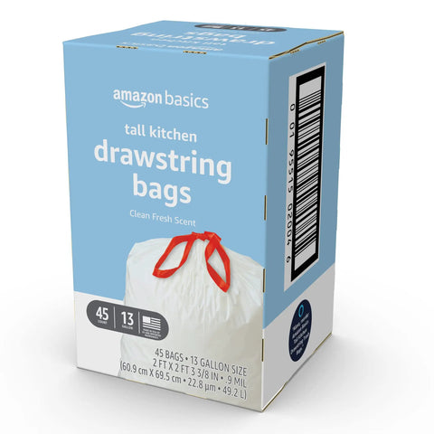 Box of Tall Kitchen Drawstring Trash Bags With Fresh Scent, 13 Gallon, 45 Count, Heavy Duty 0.9 Mil Strength for Daily Use.