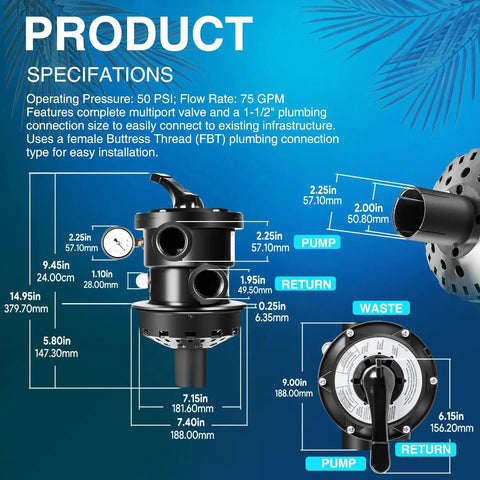 Product schematic showing dimensions for a Top Mount Multiport Valve Replacement For Above Ground Sand Filters 1.5 Inch Plumbing Seven Position Control Valve Fits Pro VL Series And Most SandMaster SwimPro GM Dream Line Jacuzzi Filters.
