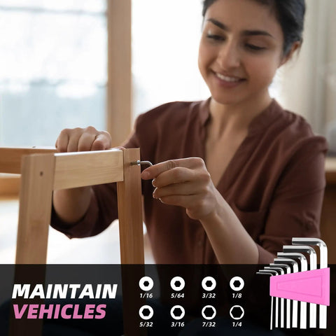 Person using Pink 40 Piece Home Tool Kit With Carrying Box Handy Starter Kit For DIY Home Maintenance And Woodworking Ideal For College Students Grab And Go Portable Tool Set For Furniture Assembly Office Repairs And Decorating on wooden furniture