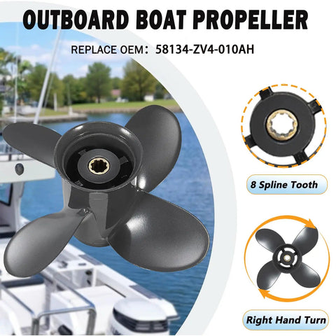 9.25 By 10 Inch Aluminum Outboard Propeller For Honda 8-20HP Right Hand 8 Spline 4 Blade OEM 58134-ZV4-010AH close-up