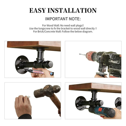 Installation guide of Industrial Pipe Shelf Brackets 6.7 Inch 10 Pack showing L shaped iron shelving brackets under wood shelf.
