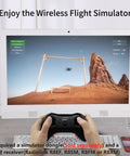 Person using T8S 8 Channel 2.4G RC Pocket Transmitter with R8XM Receiver for flight simulator on computer screen.