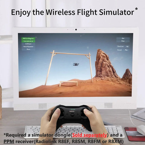 Person using T8S 8 Channel 2.4G RC Pocket Transmitter with R8XM Receiver for flight simulator on computer screen.
