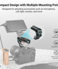Top Handle With 3 8 16 Locating Pins For ARRI Grip attached to a camera with various mounting points for microphone and monitor