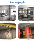 Scene graph with household sliding door, wardrobe, overhead track trolley, and sandbags in different settings.
