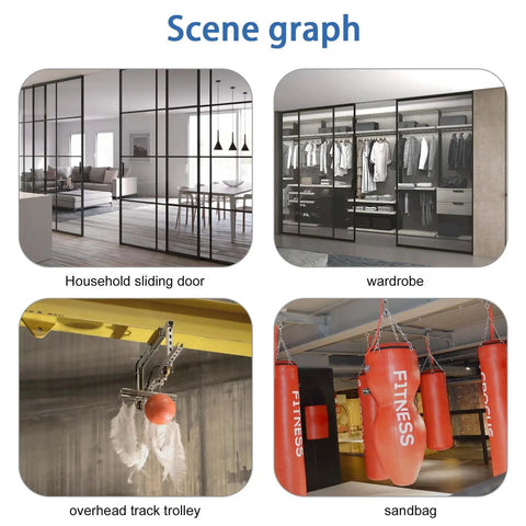 Scene graph with household sliding door, wardrobe, overhead track trolley, and sandbags in different settings.