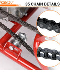 Close-up of Beefed-Up Mini Bike Chain Tensioner For 35 Chain With 140 Links showing chain details and tensioner components.