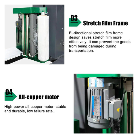 Heavy Duty Automatic Pallet Wrapping Machine Workhorse With Built In Scale And Thermal Printer showing stretch film frame and copper motor.