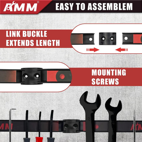 8 Pack 12 Inch Magnetic Tool Holder Strips With Mounting Screws, showing link buckle and heavy-duty tool organization