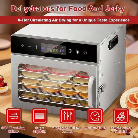 Built Tough Eight Tray Food Dehydrator Large Capacity Machine With Stainless Steel Racks smart controls and fruit slices drying.