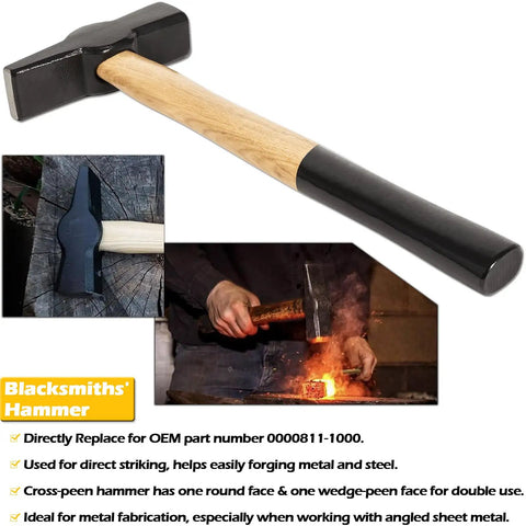 Heavy Duty Beefy Blacksmith Tools Set For Knife Making With V Bit Blade Tongs Set And Forge Hammer shown with cross-peen hammer.