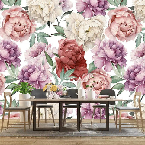 Room with Pink Peony Floral Wall Mural For Bedroom And Living Room Decor Large 183 Inch By 120 Inch Fabric Wallpaper Background