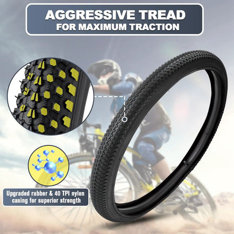 Image of Two Pack 26x1.95 Mountain Bike Tires With Tubes And Tire Levers Puncture Resistant 26 Inch MTB Tire Kit showing aggressive tread design