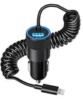Dual USB Fast Car Charger 4.8A With 6ft Coiled Lightning Cable For iPhone And iPad MFi Certified Cigarette Lighter Adapter