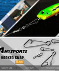 AMYSPORTS line-connector fishing snaps and swivels, black stainless; top shows lure, bottom shows hooked snaps