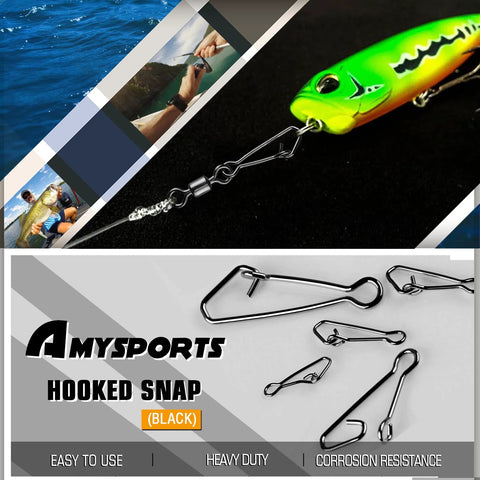 AMYSPORTS line-connector fishing snaps and swivels, black stainless; top shows lure, bottom shows hooked snaps