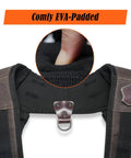 Close-up of Heavy Duty Carpenter Tool Vest With Thick Top Grain Buffalo Leather And Twenty Ounce Waxed Canvas padded collar and buckle.