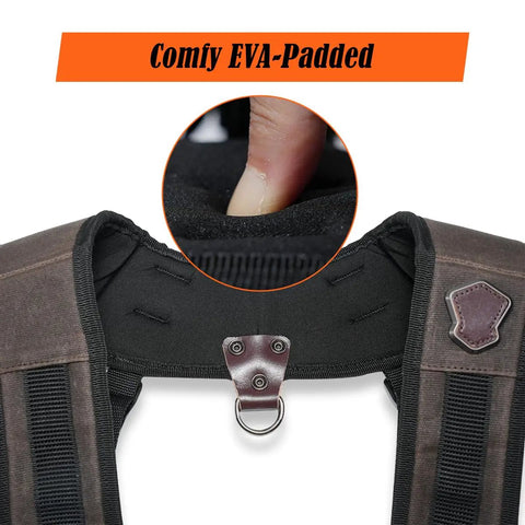 Close-up of Heavy Duty Carpenter Tool Vest With Thick Top Grain Buffalo Leather And Twenty Ounce Waxed Canvas padded collar and buckle.