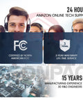 People with headsets, FCC certification badge, 3-year warranty badge, manufacturing image, text about tech support and experience.
