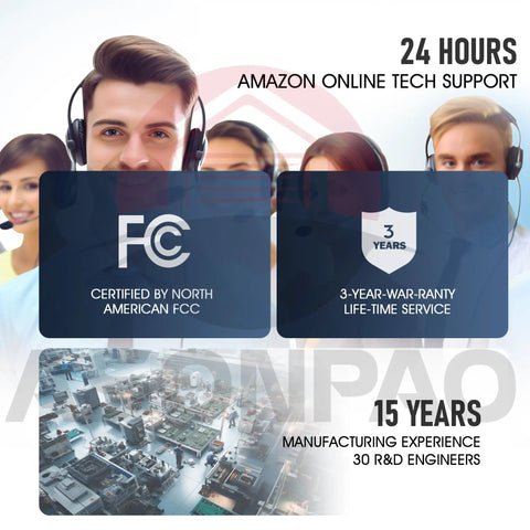 People with headsets, FCC certification badge, 3-year warranty badge, manufacturing image, text about tech support and experience.