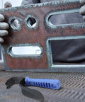 Top Tier Double Side Sheet Metal Deburring Tool For Precision Trimming And Chamfering Alloy Steel And Aluminum Edges Up To 12 Mm with hand holding a metal sheet.