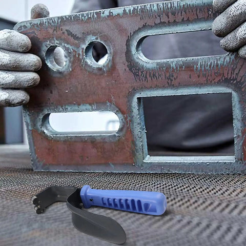Top Tier Double Side Sheet Metal Deburring Tool For Precision Trimming And Chamfering Alloy Steel And Aluminum Edges Up To 12 Mm with hand holding a metal sheet.