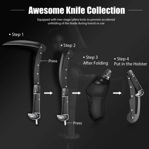 Diagram showing folding process for Two Section Folding Sickle Knife With Wooden Handle And Rose Patterned Silver Accents