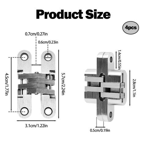 4 Pack Stainless Steel Hidden Hinge Set 180 Degree Swing For Doors And Cabinets With 16 Screws No Visible Hardware product size