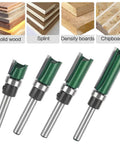Heavy Duty Four Piece Flush Trim Router Bit Set With Top Bearing Quarter Inch Shank for template woodworking, showing bit sizes.