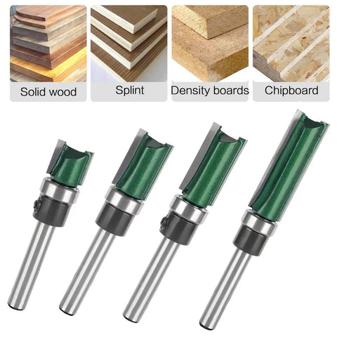 Heavy Duty Four Piece Flush Trim Router Bit Set With Top Bearing Quarter Inch Shank for template woodworking, showing bit sizes.